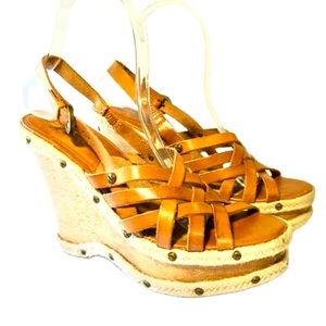 Vintage Michael Kors Wooden Wedge Braided Leather Platform Sandals